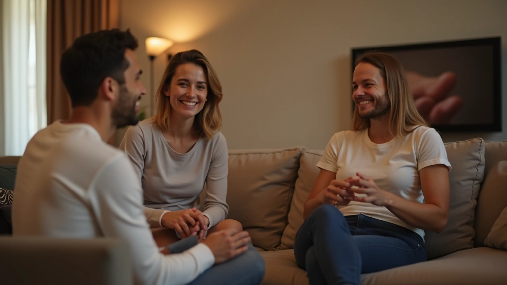Conversação entre nativos em uma sala de estar, pessoas rindo e gestos naturais