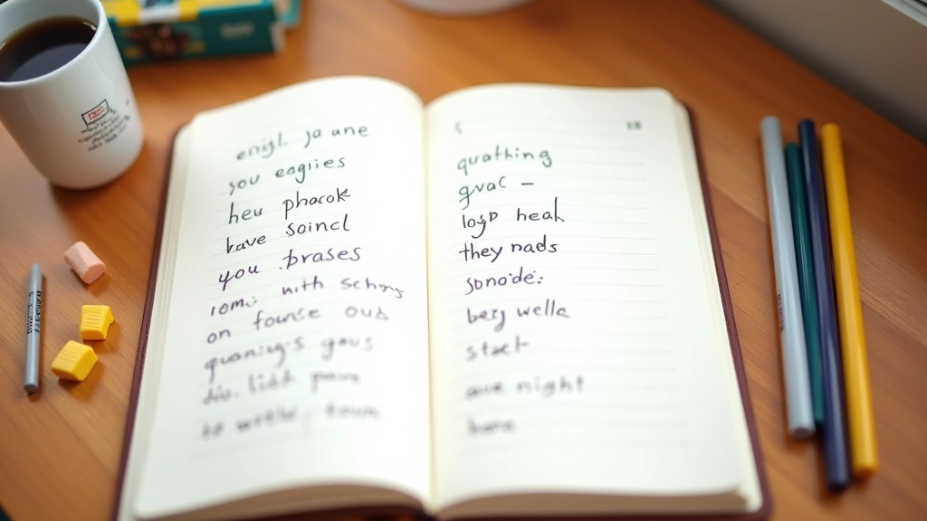 Notas manuscritas sobre phrasal verbs ingleses num caderno colorido com marcadores e caneta