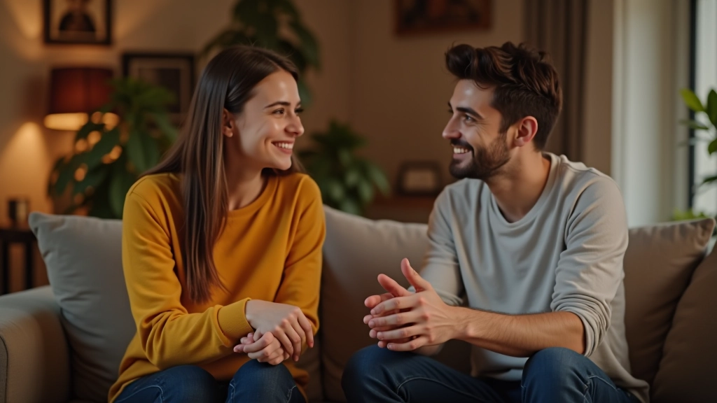 Duas pessoas em conversa natural numa sala de estar, gesticulando e a rir de forma genuína