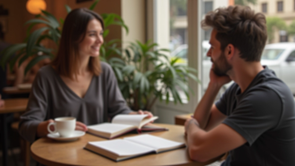 Duas pessoas em conversa casual num café, uma apontando para um livro aberto na mesa
